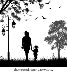 Mother and daughter silhouette walking together in the park, vector illustration