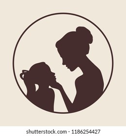 Mother and daughter silhouettes. Best Mom Ever vintage card. Vector Illustration