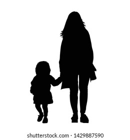 Mother with daughter silhouettes. Mom holds her daughter hand on white background, vector illustration