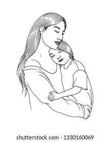 Mother And Daughter, Simple Outline Illustration, Hand Drawn Sketch, Isolated Vector