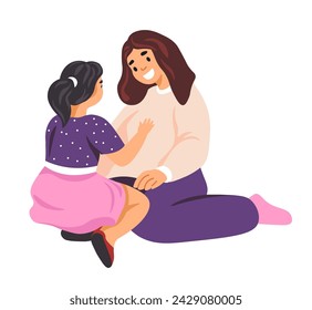 The mother and daughter sit on the floor, knees touching, laughing and smiling. The daughter tells her mother a story. Vector illustration in flat style. Isolated on white background.