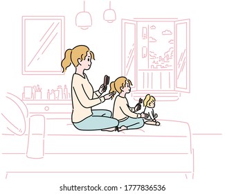 Mother and daughter are sitting in bed together and combing hair. hand drawn style vector design illustrations. 