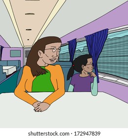 Mother and daughter sitting in dinner car on train