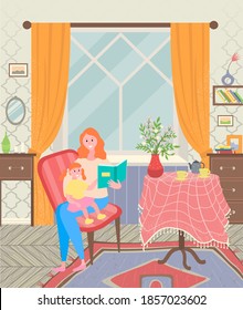 Mother and daughter sitting on chair and reading book in living room. Furniture like table and chest. Kettle, cups and vase with flowers on tablecloth. Vector illustration in flat style