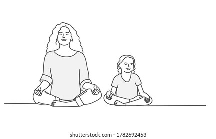 Mother and daughter are sitting on the floor in the lotus position. Line drawing vector illustration.