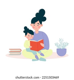 Mother and daughter sitting on the floor reading a book together. Vector illustration
