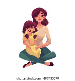 Mother daughter sitting on floor and hugging each other, cartoon vector illustrations isolated on white background. Pretty young woman with little daughter sitting on her knees, happy family concept