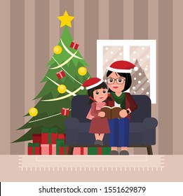 Mother and daughter sitting on sofa, reading a book near Christmas tree and Christmas gift in living room. Vector