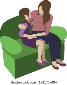 mother and daughter sitting on the sofa, talking and hugging