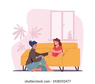 Mother and Daughter Sitting on Sofa in Living Room Telling Secrets. Mom and Girl Talking, Parent Character Support Child. Confidential Loving Relations, Parenting. Cartoon People Vector Illustration