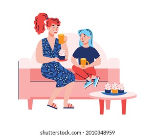 Mother and daughter sitting on sofa drinking tea with dessert. Cartoon woman and girl having drinks and eating cupcakes together, isolated vector illustration.