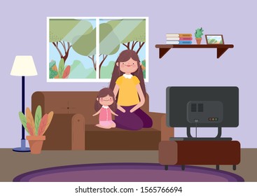 mother and daughter sitting in sofa waching tv happy thanksgiving celebration vector illustration