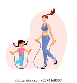 Mother with Daughter Skipping Rope Do Sport and Physical Activity Vector Illustration