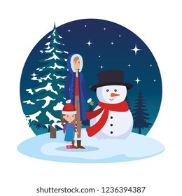 mother and daughter with snowman in snowscape