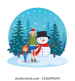 mother and daughter with snowman in snowscape