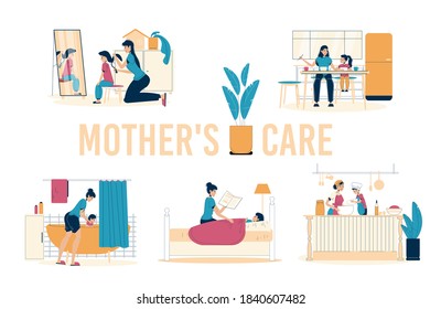 Mother daughter or son care family isolated scene set. Parent child spend time cooking, eating together. Mom doing hair, bathing, reading to kid. Happy motherhood, babysitting. Daily family activity