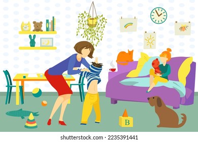 Mother, daughter and son happy together at home indoors vector illustration. Mom helping her child to dress in childrens room.