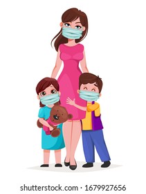 Mother with daughter and son in medical masks. Virus protection. Covid-19, coronavirus 2019-nCoV. Vector illustration on white background