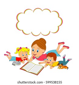 mother, daughter and son are reading book, illustration, vector