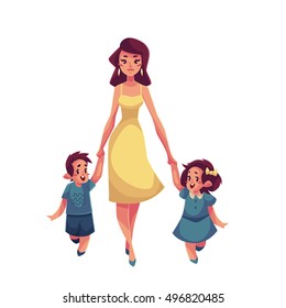 Mother, daughter and son walking together, cartoon vector illustrations isolated on white background. Young beautiful mom wolking with her little children, daughter and som, happy family concept