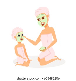 Mother and daughter in spa. Mom and child make face mask in bathroom. Family beauty treatment leisure. Women and girl dressed in towels in cosmetic salon of hotel. Cartoon characters isolated on white