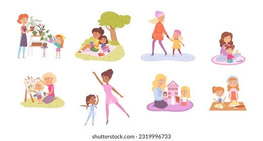 Madre e hija pasan tiempo de familia divertida juntos, juntos, una ilustración vectorial. Dibujo de niños y madres patinando y pintando sobre hielo, muchacha feliz y mujer cultivan plantas en el jardín, juegan con casa de muñecas