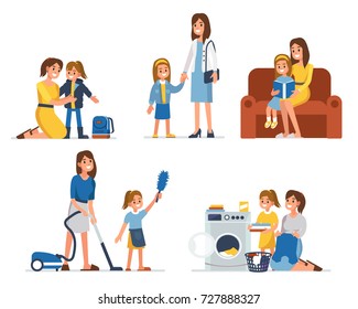 
Mother and daughter  spend leisure together.  Flat style vector illustration isolated on white background.