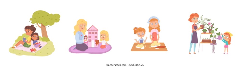 Mother and daughter spend time set vector illustration. Cartoon scenes of fun family activity, happy kid and mom read books together, care home plants and play with dolls in dollhouse, bake cake