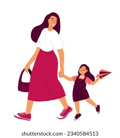 Mother and Daughter spend time together.Happy Mom walking with her Child.Happy Parenting.Family Loving, Warm relationships,Girl trust her Mommy.Woman support her Kid.Flat vector isolated illustration