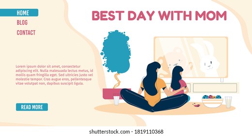 Mother daughter spending best day together. Parent child watching tv shoe program, eating popcorn enjoy pastime, leisure entertainment indoor. Daily life. Family stay home. Landing page design