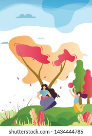 Mother and Daughter Spending Time in Park Cartoon. Motivation Vertical Banner or Mobile Ads Template. Female Parent Reading Book while Girl Playing Ball. Vector Flat Natural Illustration