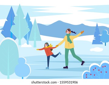 Mother And Daughter Spending Winter Vacation Together. Mom And Kid On Ice Rink Improving Figure Skating Skills. Landscape With Mountains And Pine Trees, Bushes With Red Berries, Vector In Flat