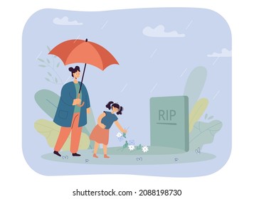 Mother and daughter standing at headstone under umbrella in rain. Little girl putting flowers on grave flat vector illustration. Grief, death, family concept for banner, website design or landing page