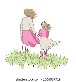 Mother and daughter standing holding hands. Vector illustration of mother and child  standing in the grass