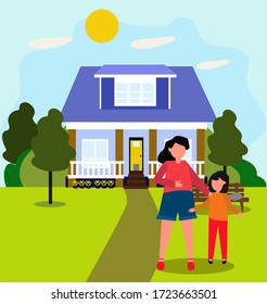 mother and daughter are standing on the lawn in front of the house. mother and daughter in nature
