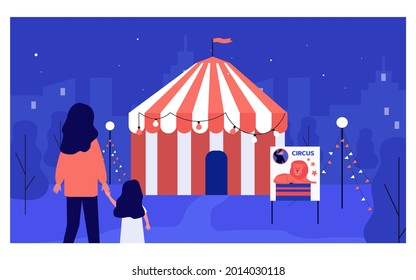 Mother and daughter standing outside circus at night. Woman and kid spending time at amusement park or fair flat vector illustration. Leisure, entertainment concept for banner or website design