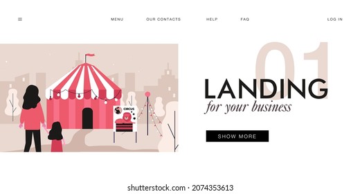 Mother and daughter standing outside circus at night. Woman and kid spending time at amusement park or fair flat vector illustration. Leisure, entertainment concept for banner or website design