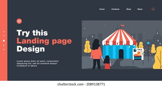 Mother and daughter standing outside circus at night. Woman and kid spending time at amusement park or fair flat vector illustration. Leisure, entertainment concept for banner or website design