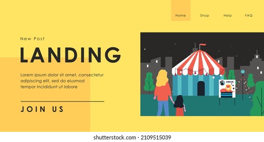 Mother and daughter standing outside circus at night. Woman and kid spending time at amusement park or fair flat vector illustration. Leisure, entertainment concept for banner or website design