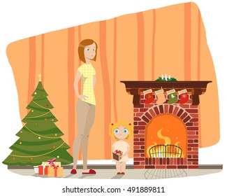Mother and daughter standing in a room near the fireplace and take the boxes with gifts near a Christmas tree. Vector illustration