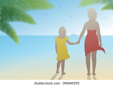 Mother and daughter standing at the seaside and looking into the distance