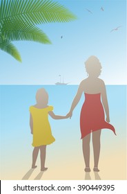 Mother and daughter standing at the seaside and looking into the distance