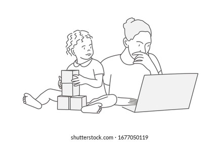 Mother and daughter at the table. Child with cubes. Woman is using a laptop. Line drawing vector illustration.