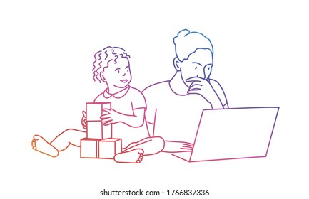 Mother and daughter at the table. Child with cubes. Woman is using a laptop. Rainbow colours in linear vector illustration.