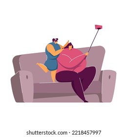 Mother and daughter taking selfie. Happy parent and child sitting on couch taking selfie on phone, pictures on walls, window with curtains, plant. Family, taking photos, having fun together concept