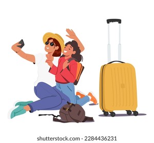 Mother And Daughter Taking Selfie Near Luggage Bags Capturing Their Travel Memories In A Fun And Exciting Way. Characters Promoting Travel Accessories Or Holiday Packages. Cartoon Vector Illustration