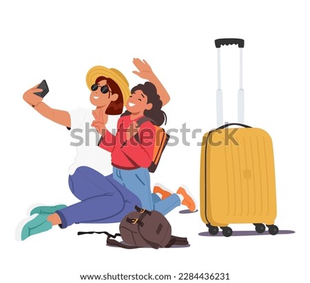 Mother And Daughter Taking Selfie Near Luggage Bags Capturing Their Travel Memories In A Fun And Exciting Way. Characters Promoting Travel Accessories Or Holiday Packages. Cartoon Vector Illustration