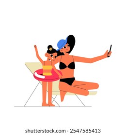 Mother And Daughter Taking Selfie On Beach With Float, Flat Vector Illustration Symbolizing Family Bonding, Summer Fun, And Relaxation, Isolated On White Background