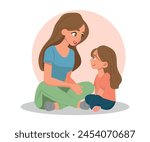 Mother and daughter talking. Loving mom listening child. Motherhood and parenting, vector illustration.