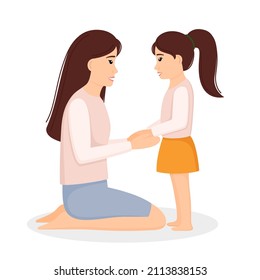 Mother And Daughter Talking. Loving Mom Listening Child. Motherhood And Parenting, Vector Illustration